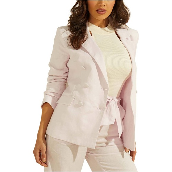 SOLD! GUESS Women's Wispy Pink Double-Breasted Long-Sleeve Linen Blazer - Picture 1 of 12